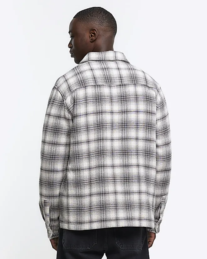 River Island regular fit check long sleeve overshirt Grey Sale