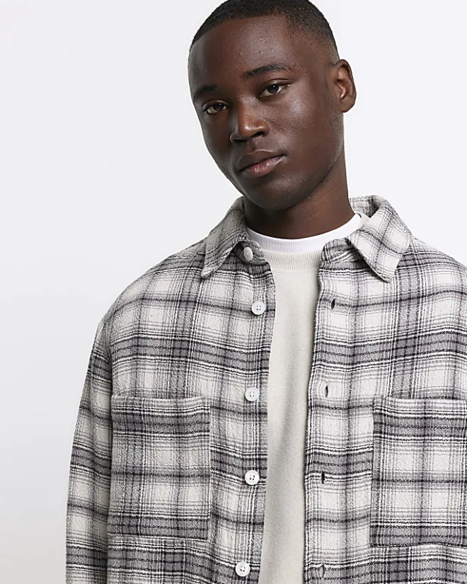 River Island regular fit check long sleeve overshirt Grey Sale