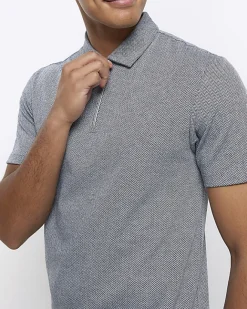 River Island regular fit Herringbone half zip polo Grey New