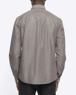 River Island Grey regular fit stripe long sleeve shirt Brown Clearance
