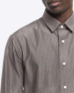 River Island Grey regular fit stripe long sleeve shirt Brown Clearance