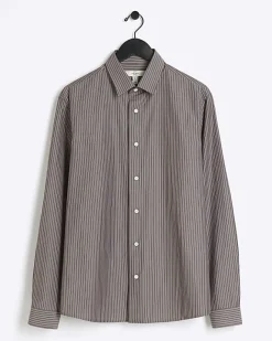 River Island Grey regular fit stripe long sleeve shirt Brown Clearance