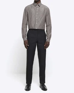 River Island Grey regular fit stripe long sleeve shirt Brown Clearance