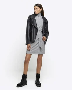 River Island rib belted jumper mini dress Grey Online