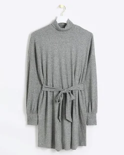 River Island rib belted jumper mini dress Grey Online