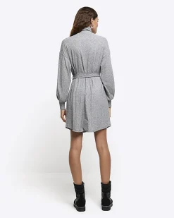 River Island rib belted jumper mini dress Grey Online