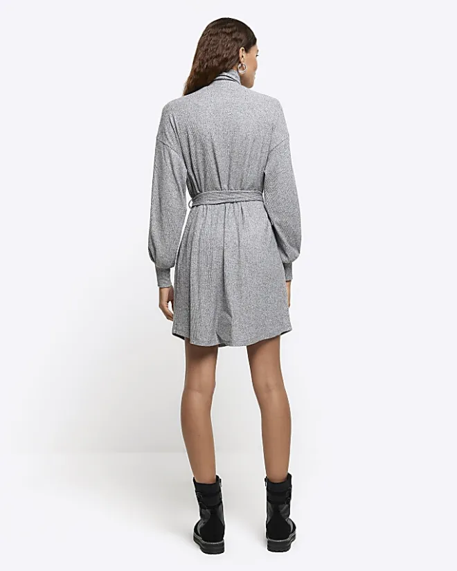 River Island rib belted jumper mini dress Grey Online