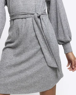 River Island rib belted jumper mini dress Grey Online