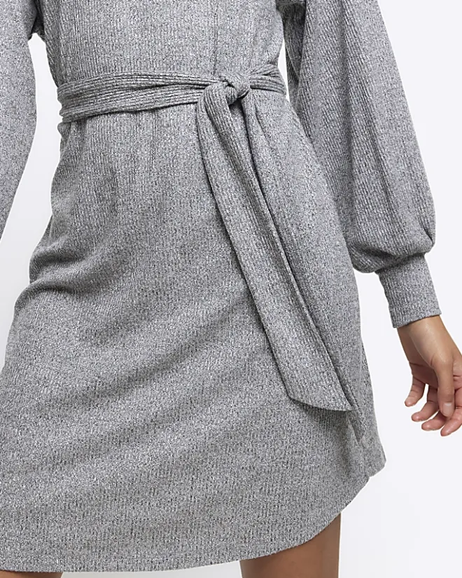 River Island rib belted jumper mini dress Grey Online