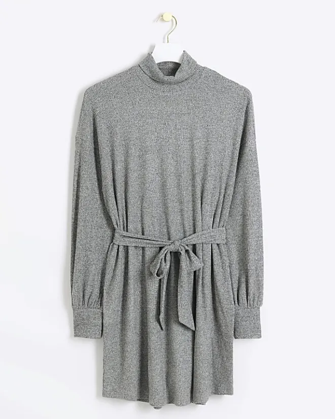 River Island rib belted jumper mini dress Grey Online