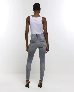 River Island ripped high waisted super skinny jeans Grey Discount