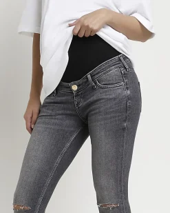 River Island ripped mid rise maternity skinny jeans Grey Clearance