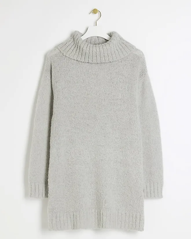 River Island roll neck jumper dress mini Grey Clearance