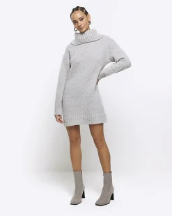 River Island roll neck jumper dress mini Grey Clearance