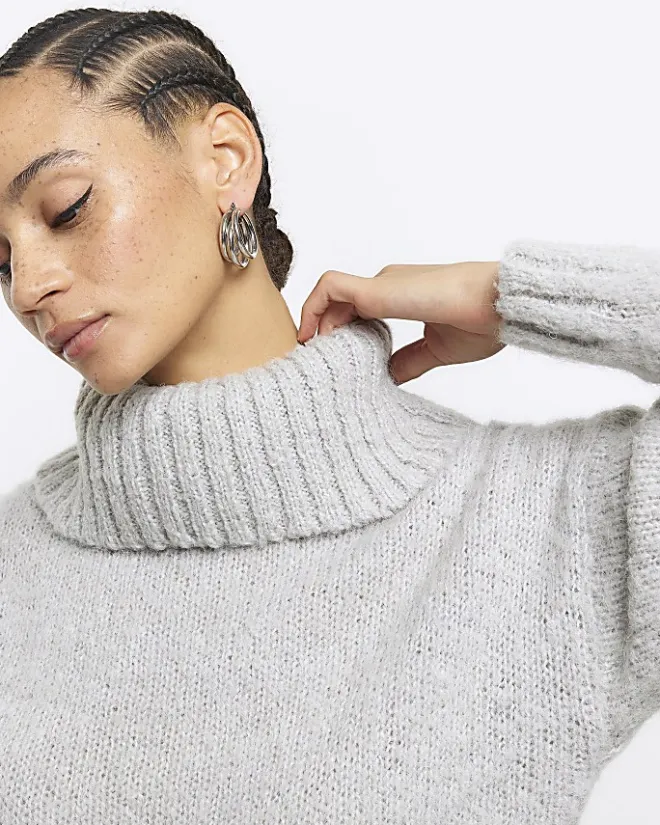River Island roll neck jumper dress mini Grey Clearance
