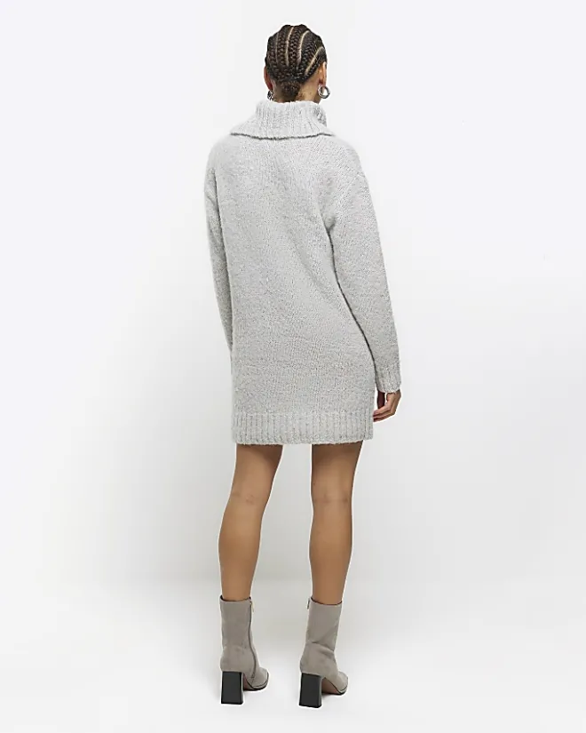 River Island roll neck jumper dress mini Grey Clearance