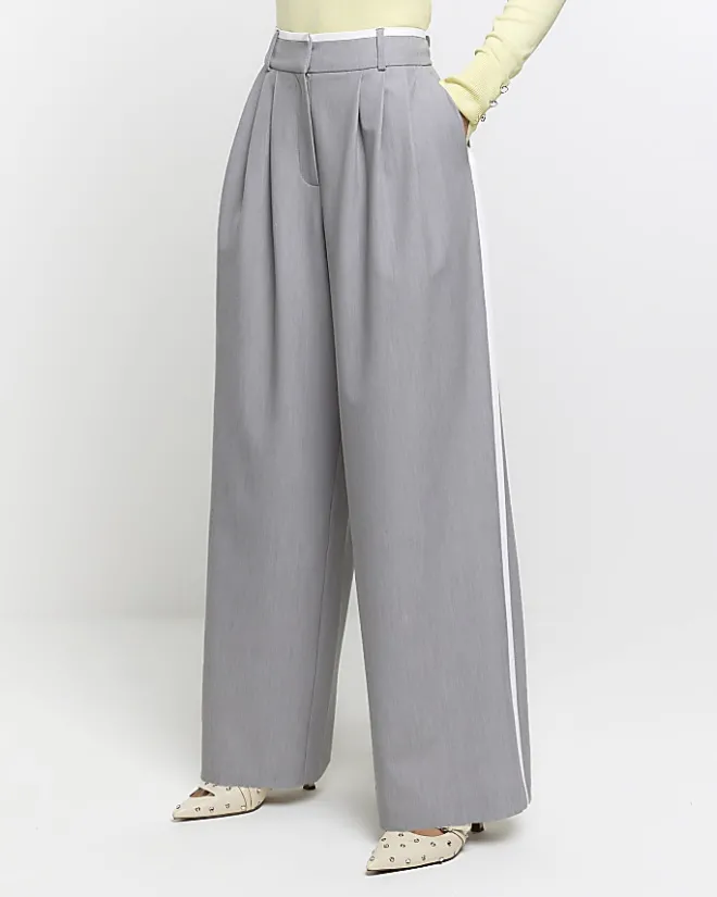 River Island side stripe wide leg trousers Grey New
