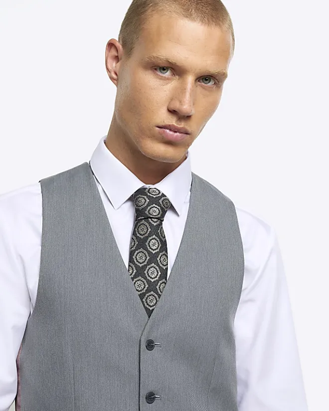 River Island Skinny fit twill suit waistcoat Grey Best