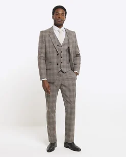 River Island slim fit check waistcoat Grey Clearance