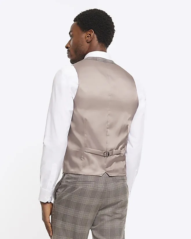 River Island slim fit check waistcoat Grey Clearance
