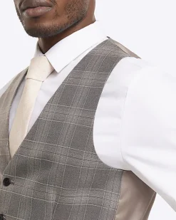 River Island slim fit check waistcoat Grey Clearance