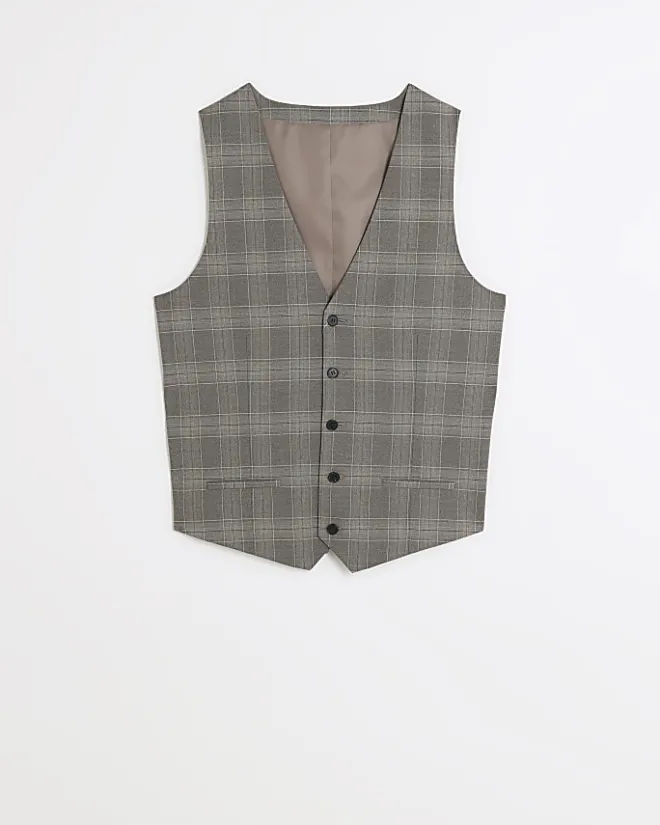 River Island slim fit check waistcoat Grey Clearance