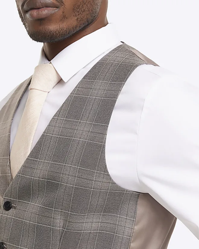 River Island slim fit check waistcoat Grey Clearance