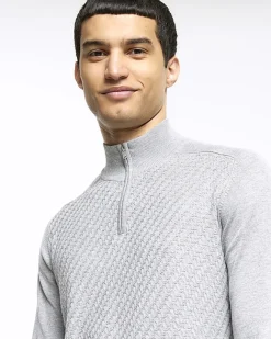 River Island slim fit diagonal half zip jumper Grey Best