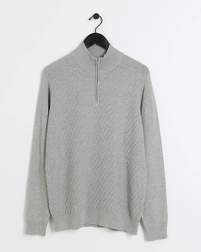 River Island slim fit diagonal half zip jumper Grey Best