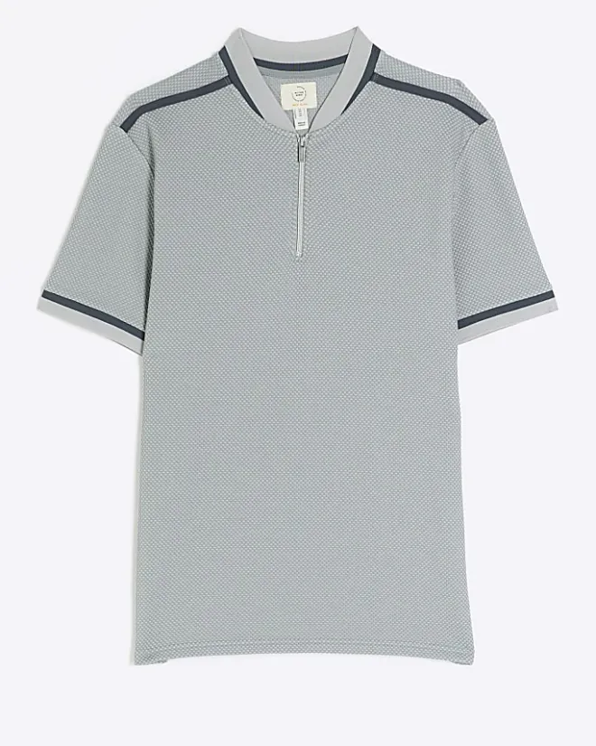 River Island slim fit taped baseball collar polo Grey Fashion