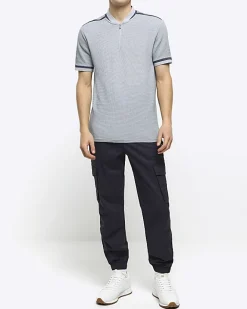 River Island slim fit taped baseball collar polo Grey Fashion