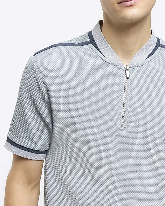 River Island slim fit taped baseball collar polo Grey Fashion