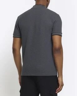 River Island slim fit textured baseball polo Grey Best