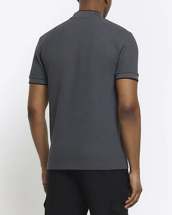 River Island slim fit textured baseball polo Grey Best