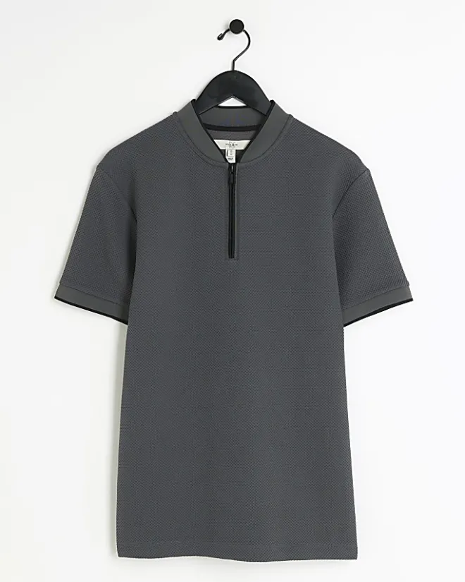 River Island slim fit textured baseball polo Grey Best