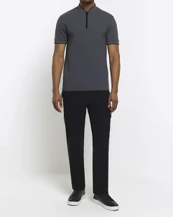 River Island slim fit textured baseball polo Grey Best