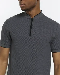 River Island slim fit textured baseball polo Grey Best