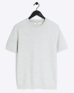 River Island slim fit textured knit t-shirt Grey Outlet
