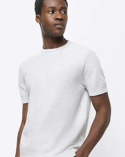 River Island slim fit textured knit t-shirt Grey Outlet