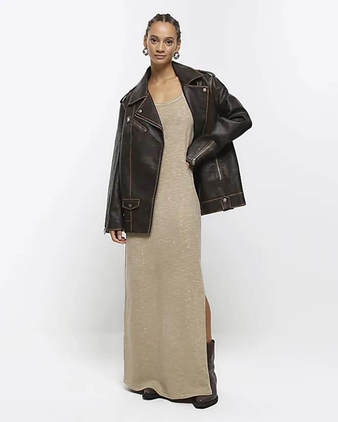 River Island split hem bodycon maxi dress Grey Hot