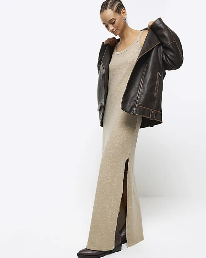 River Island split hem bodycon maxi dress Grey Hot