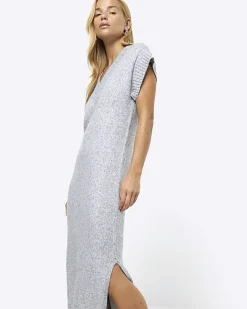 River Island split hem jumper midi dress Grey Hot