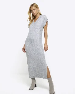 River Island split hem jumper midi dress Grey Hot