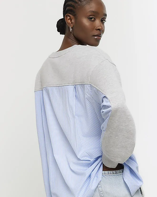 River Island stripe hybrid sweatshirt Grey Fashion