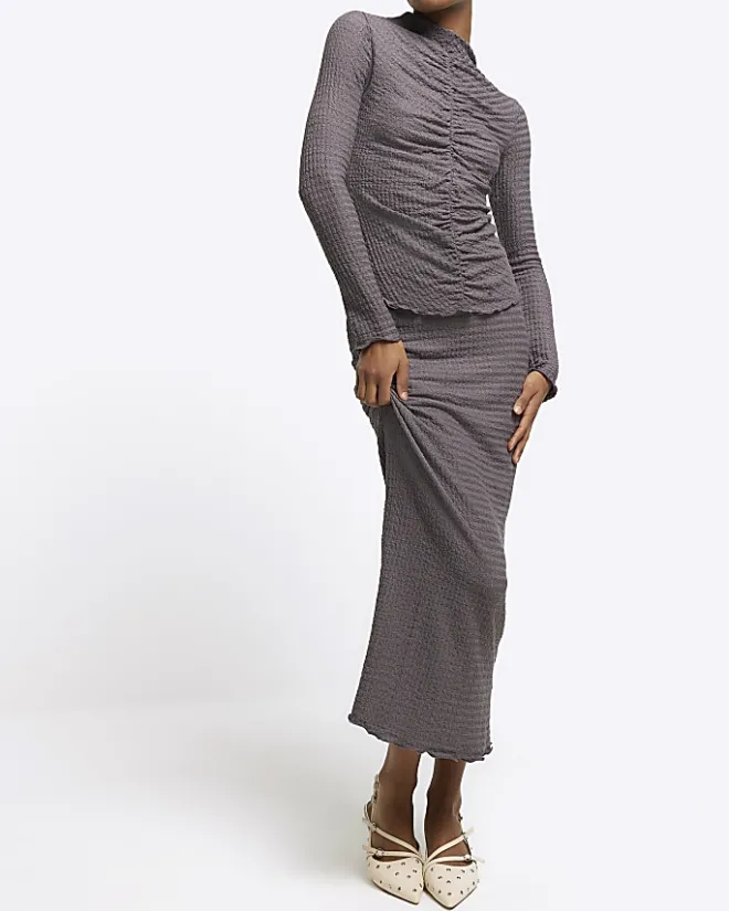 River Island textured midi skirt Grey New