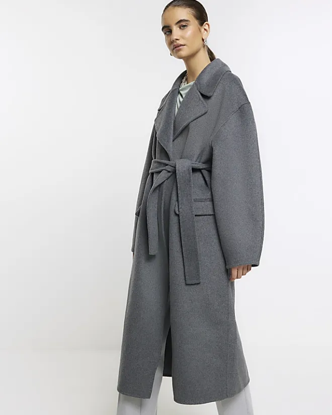 River Island wool blend belted coat Grey Fashion