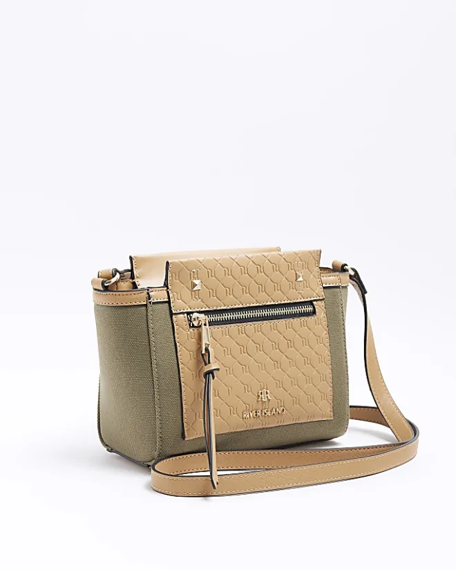 River Island canvas embossed RI cross body bag Khaki Hot