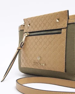River Island canvas embossed RI cross body bag Khaki Hot