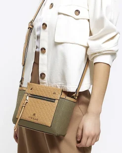 River Island canvas embossed RI cross body bag Khaki Hot