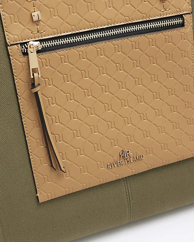 River Island canvas embossed RI shopper bag Khaki New